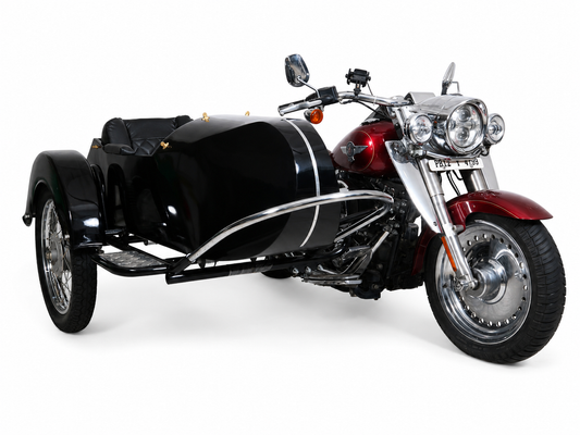 Front three-quarter view of a glossy black Retro passenger sidecar attached to a red cruiser motorcycle on a white background.