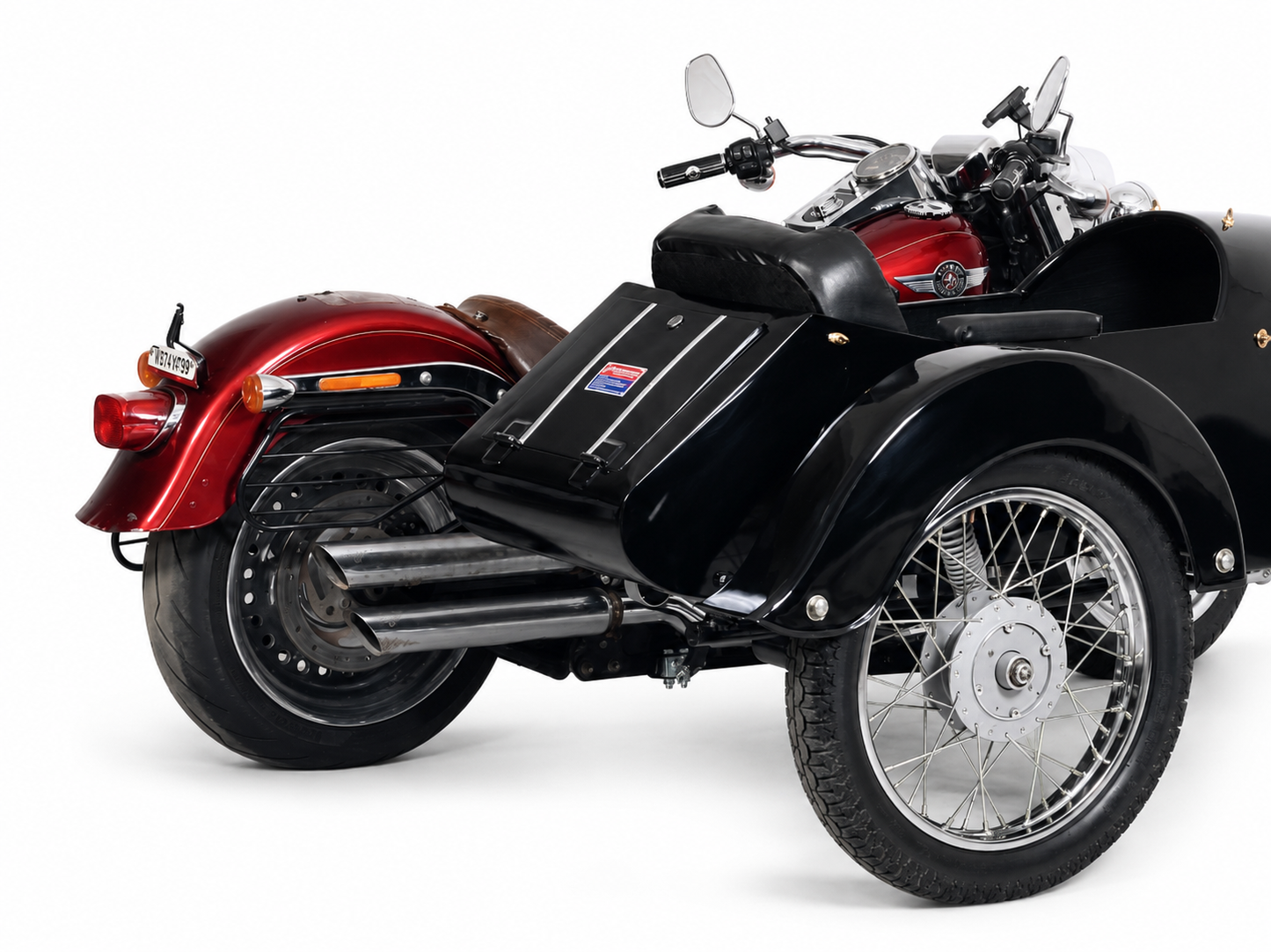 Rear three-quarter view of a glossy black Retro passenger sidecar attached to a red cruiser motorcycle on a white background.