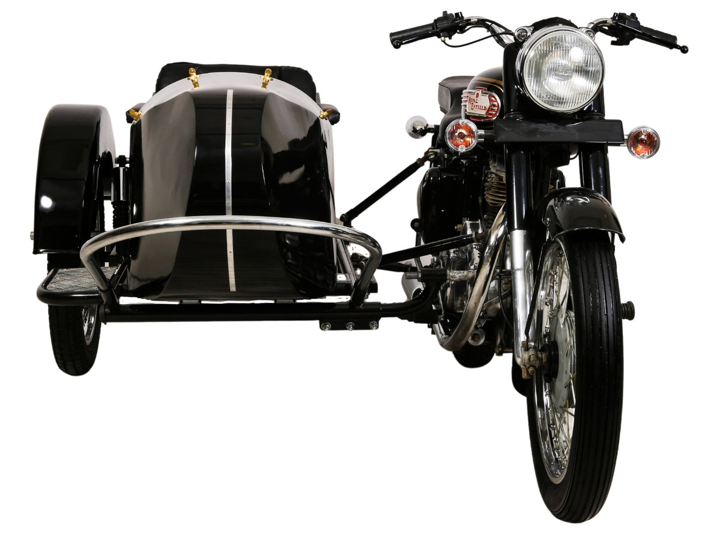 Front view of a glossy black Retro passenger sidecar attached to a Royal Enfield motorcycle on a white background.