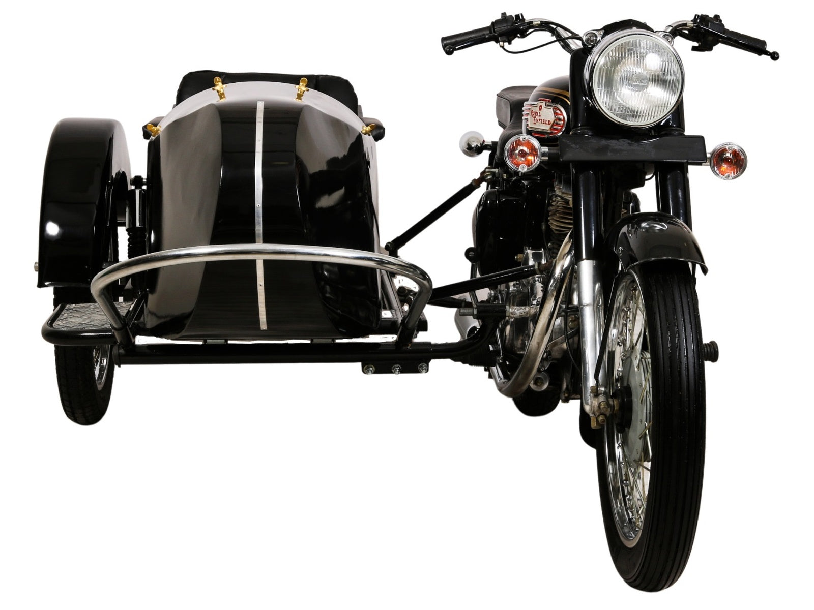 Front view of a glossy black Retro passenger sidecar attached to a Royal Enfield motorcycle on a white background.