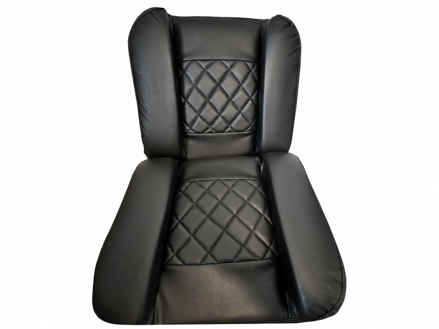 Black upholstered motorcycle sidecar seat and backrest cushions with diamond stitching