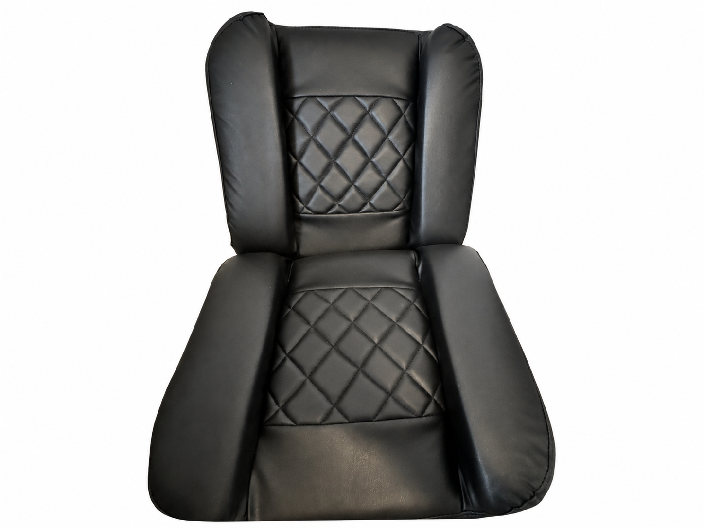 Black upholstered motorcycle sidecar seat and backrest cushions with diamond stitching