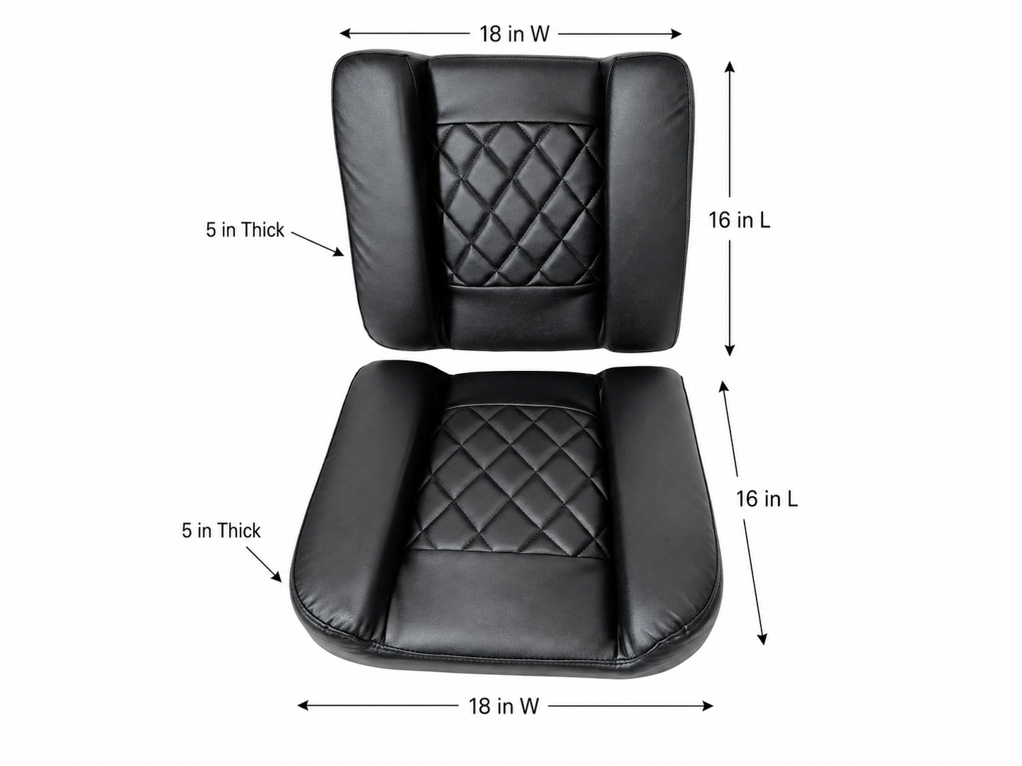 Black motorcycle sidecar seat and backrest cushions measuring 18 inches wide, 16 inches long, and 5 inches thick