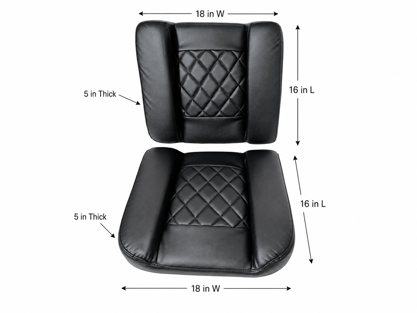 Black motorcycle sidecar seat and backrest cushions measuring 18 inches wide, 16 inches long, and 5 inches thick