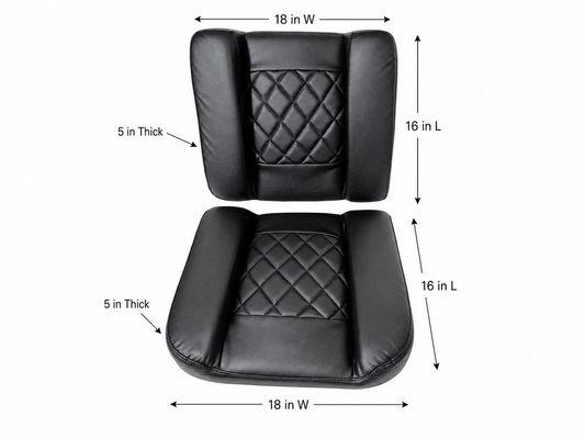 Black motorcycle sidecar seat and backrest cushions measuring 18 inches wide, 16 inches long, and 5 inches thick