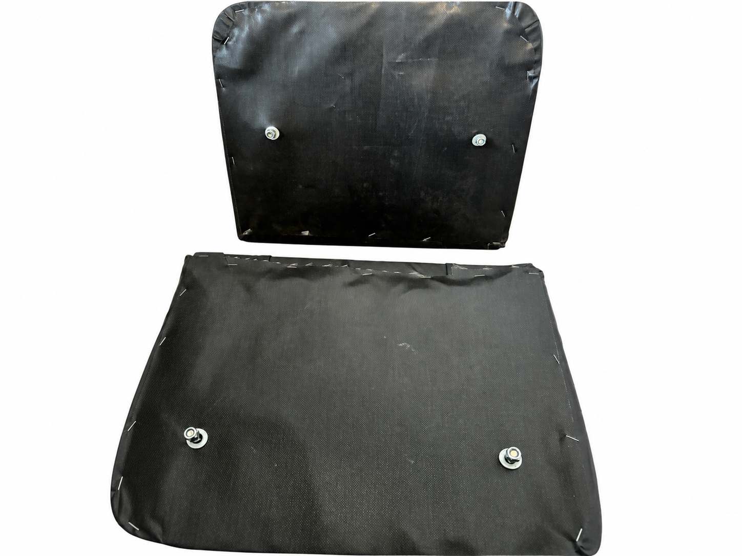 Back view of black motorcycle sidecar seat and backrest showing mounting bolts for installation on the sidecar body
