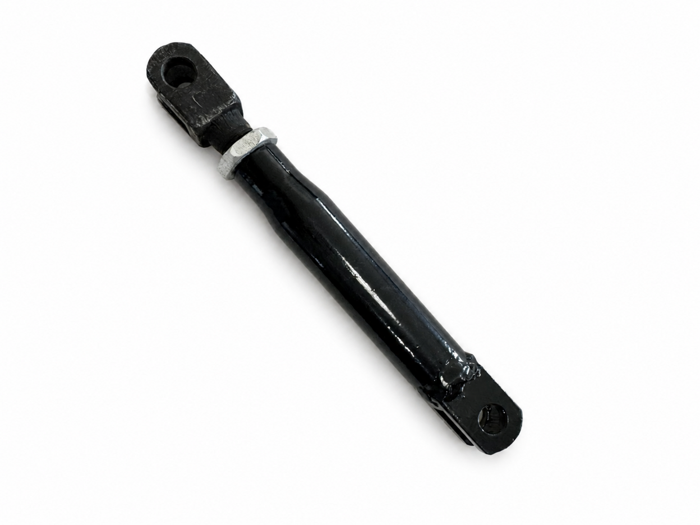 Black adjustable motorcycle sidecar mounting strut with silver locking nut and eyelet connections.