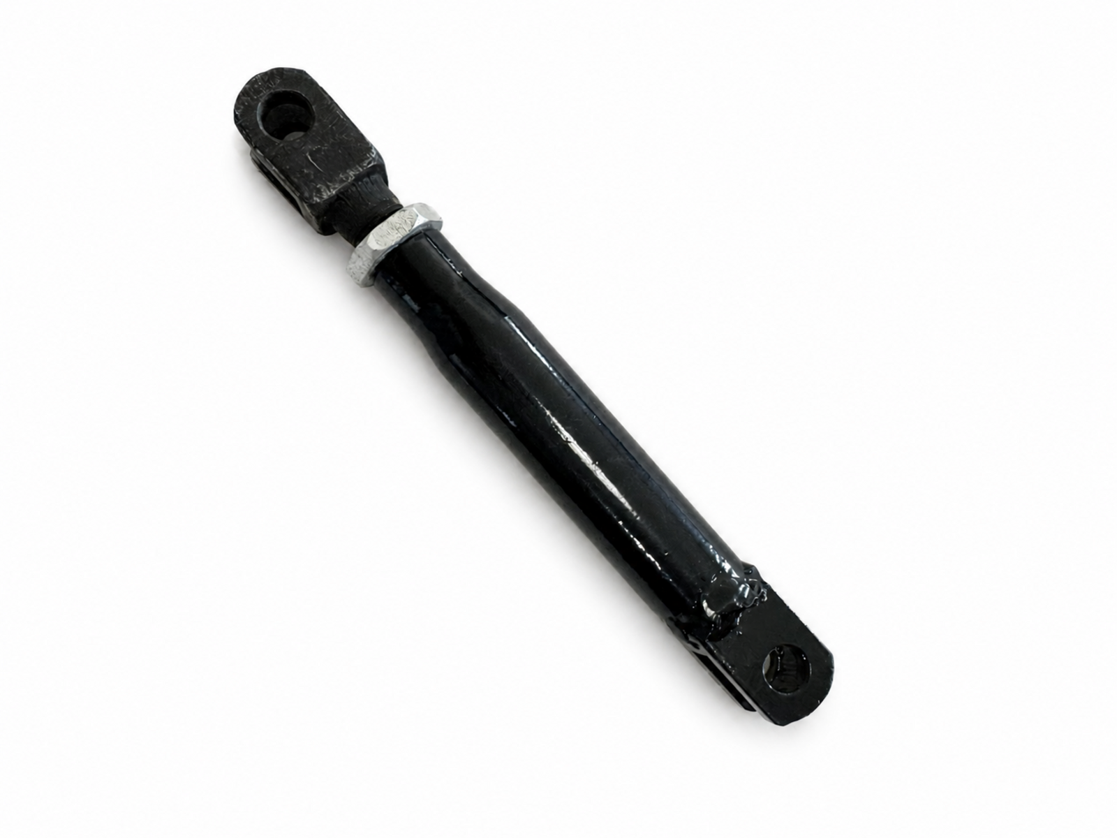 Black adjustable motorcycle sidecar mounting strut with silver locking nut and eyelet connections.