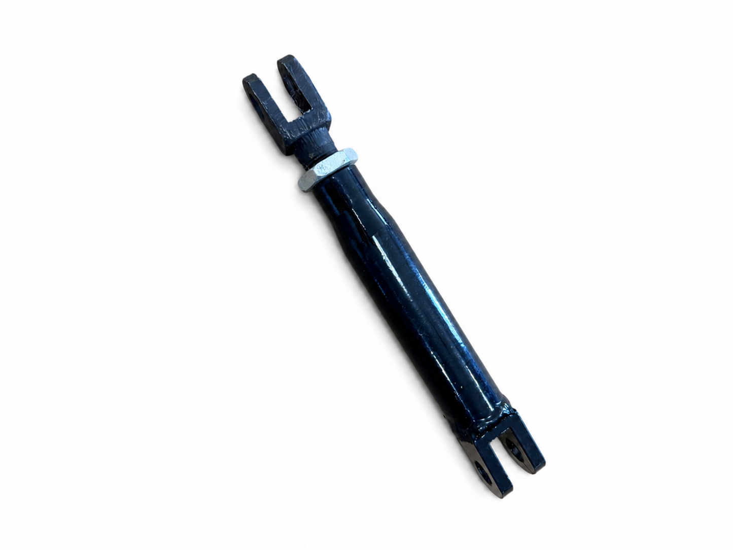 Black adjustable motorcycle sidecar mounting strut with silver locking nut and forked clevis connections.