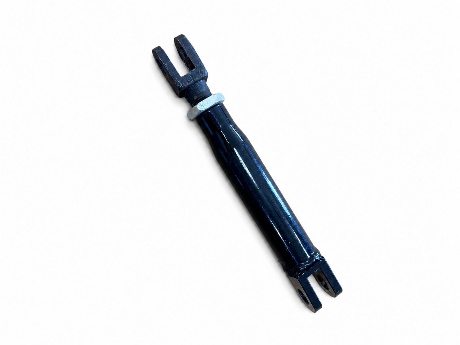 Black adjustable motorcycle sidecar mounting strut with silver locking nut and forked clevis connections.