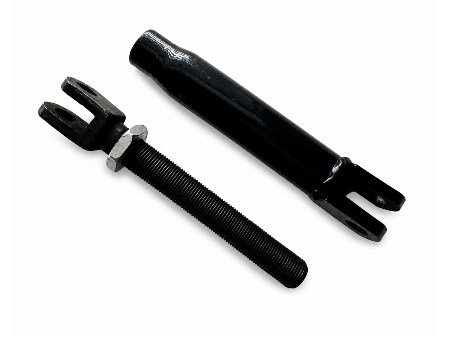Two separated components of a black adjustable motorcycle sidecar Short Strut with threaded bolt, locking nut, and clevis ends.