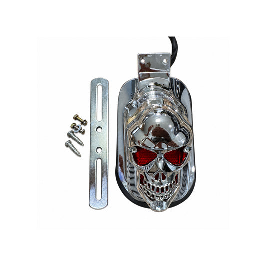 Chrome skull motorcycle sidecar tail light with mounting strip and fasteners on white