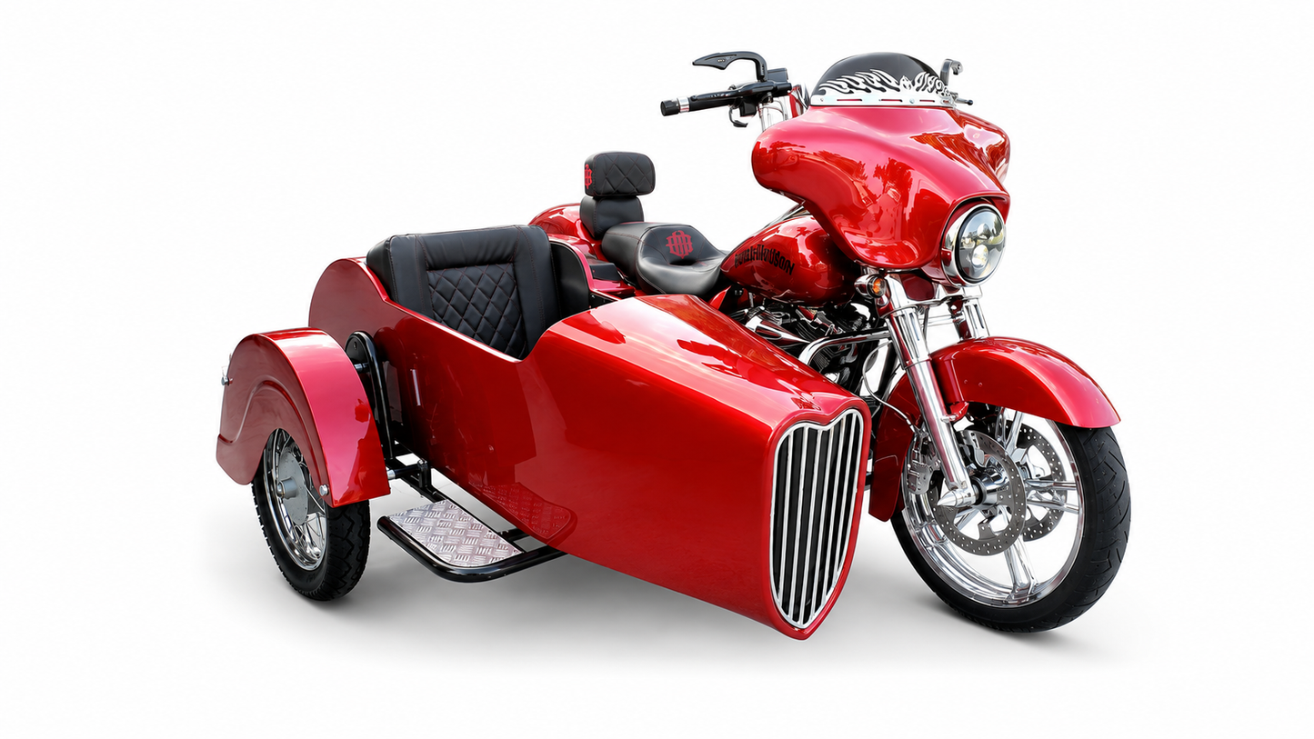 A red sidecar motorcycle with a glossy finish, black seats, and chrome details, shown from a three-quarter angle on a white background.