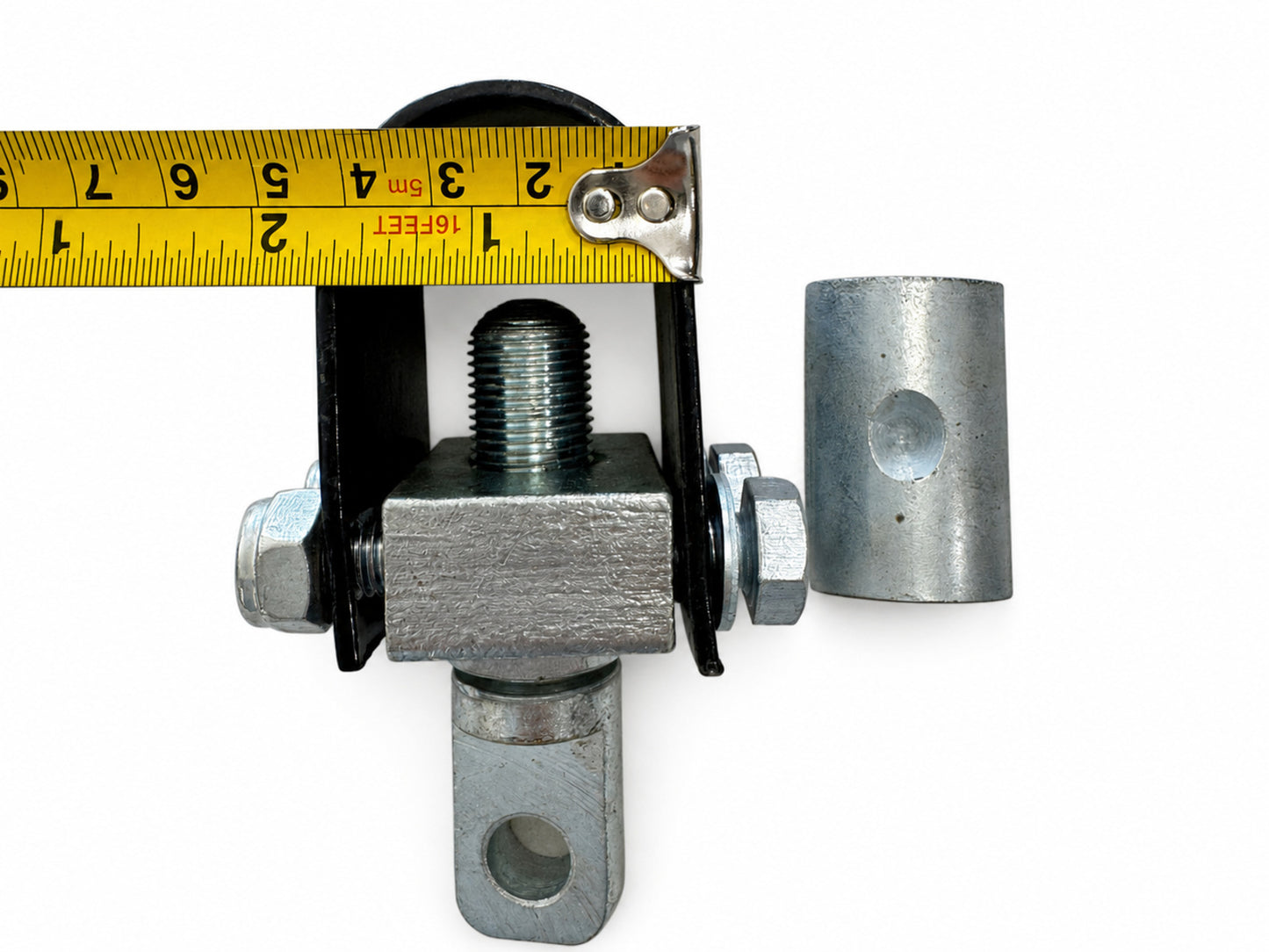 Motorcycle sidecar U-clamp and cylindrical sleeve shown with tape measure across the clamp width