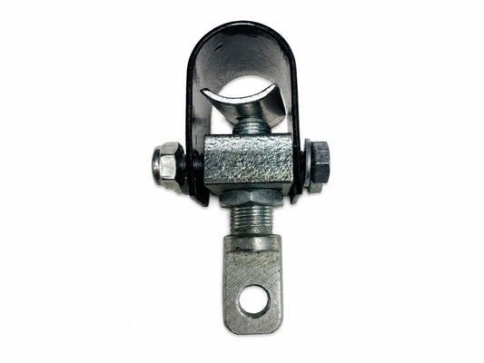 Front view of motorcycle sidecar U-clamp frame mounting bracket with bolts and adjustable hardware