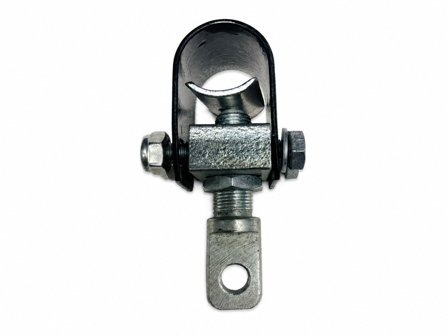 Front view of motorcycle sidecar U-clamp frame mounting bracket with bolts and adjustable hardware