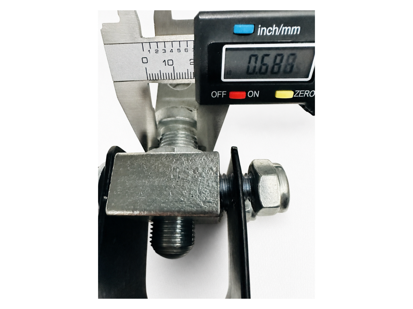 Motorcycle sidecar U-clamp shown with digital caliper measuring a 0.680-inch eye bolt.