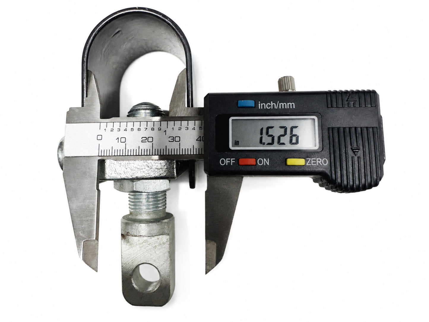 Motorcycle sidecar U-clamp shown with digital caliper displaying a 1.526-inch measurement