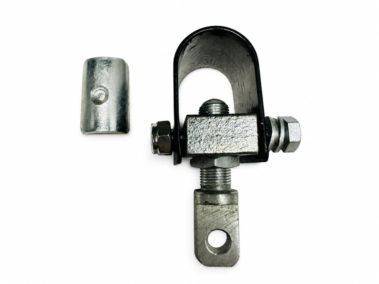 Motorcycle sidecar U-clamp frame mounting bracket with adjustable hardware and separate cylindrical sleeve