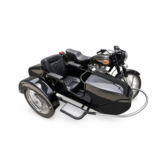 Black Royal Enfield motorcycle with Beemer passenger sidecar featuring black upholstered armrests.