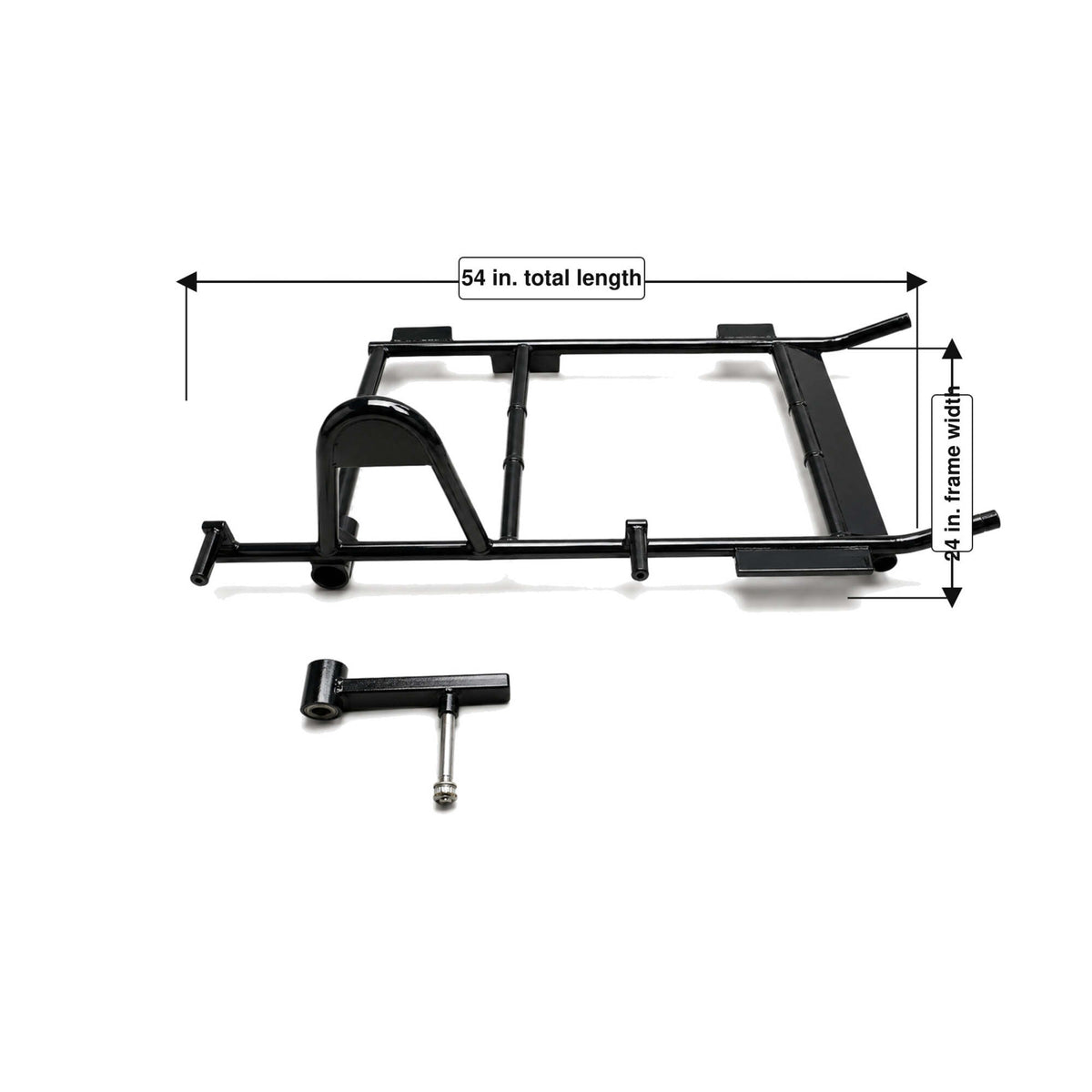 Heavy-duty motorcycle sidecar chassis showing a 54-inch total length and 24-inch rectangular frame width.