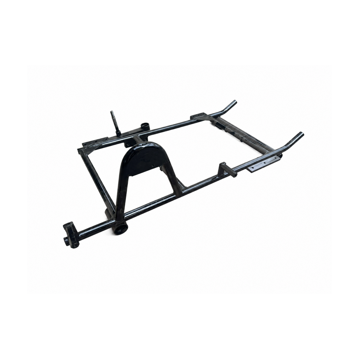 Heavy-duty black motorcycle sidecar chassis shown from an angled overhead view on a white background.