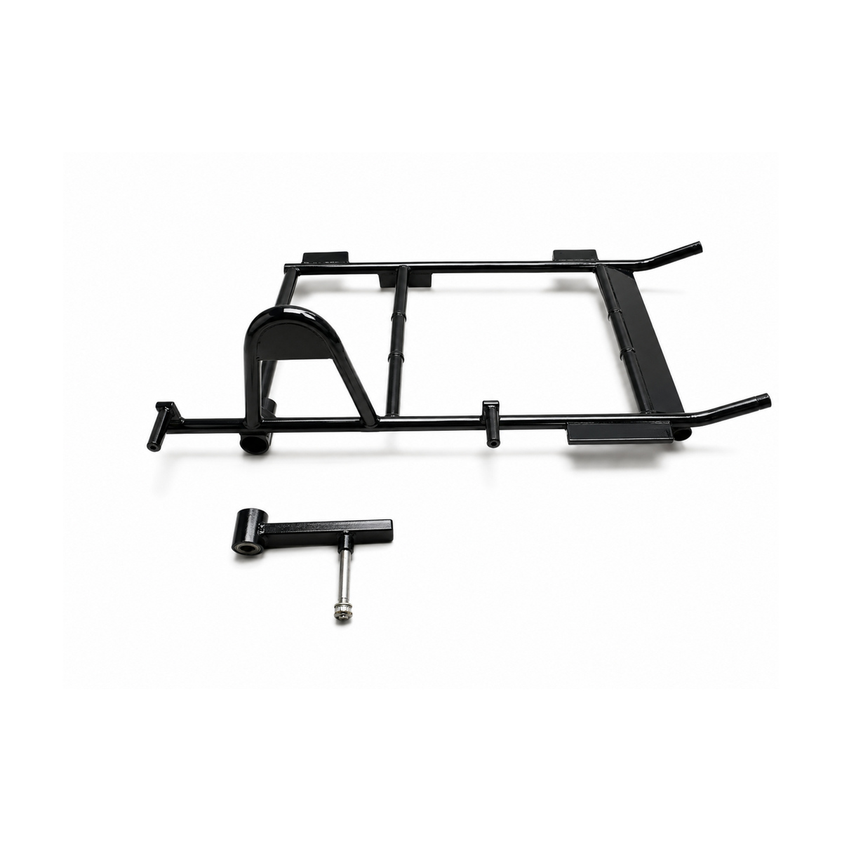 Heavy-duty black motorcycle sidecar chassis with separate swingarm and axle component on a white background.