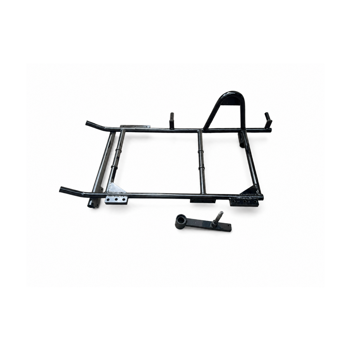 Heavy-duty black motorcycle sidecar chassis with separate swingarm and axle component on a white background.
