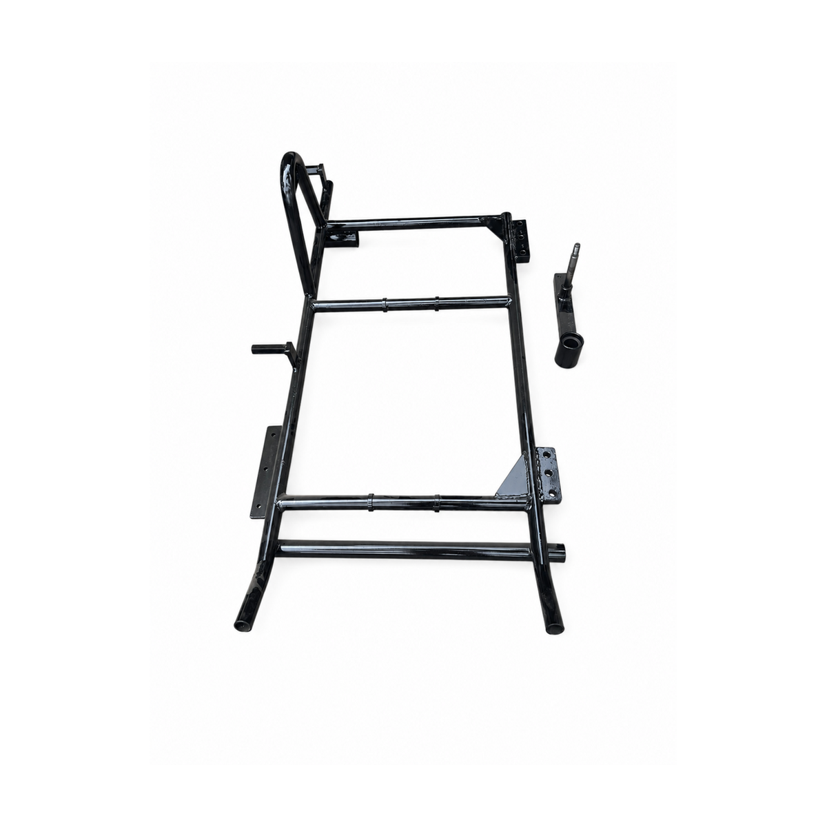 Heavy-duty black motorcycle sidecar chassis with separate swingarm and axle component, shown from an overhead angle on a white background.