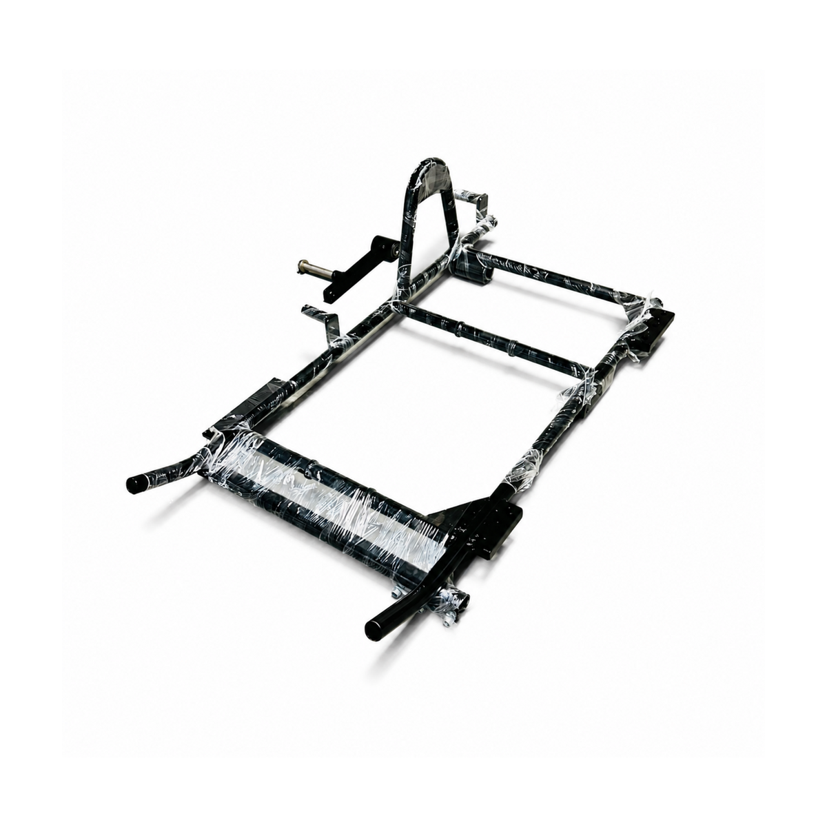 Heavy-duty black motorcycle sidecar chassis with protective wrapping, shown from a reverse angled view on a white background.