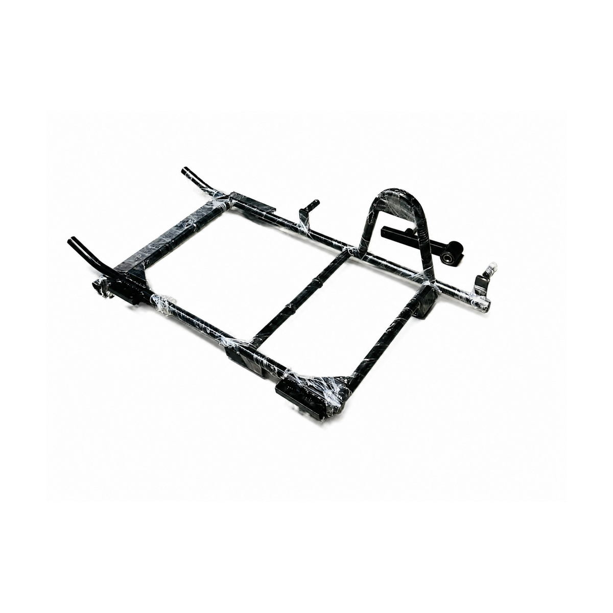 Heavy-duty black motorcycle sidecar chassis with its original protective wrapping on a white background.