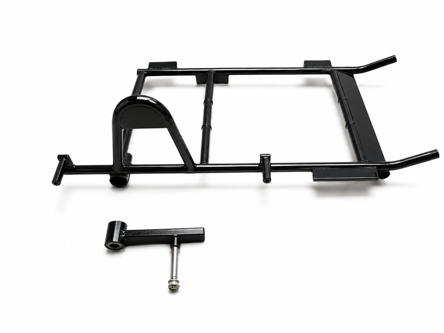 Heavy-duty black motorcycle sidecar chassis with separate swingarm and axle component on a white background.