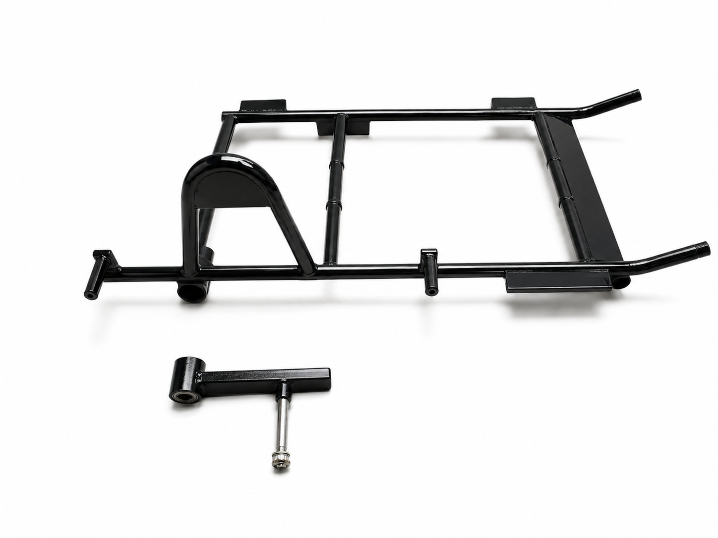 Heavy-duty black motorcycle sidecar chassis with separate swingarm and axle component on a white background.