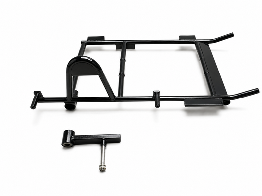 Heavy-duty black motorcycle sidecar chassis with separate swingarm and axle component on a white background.