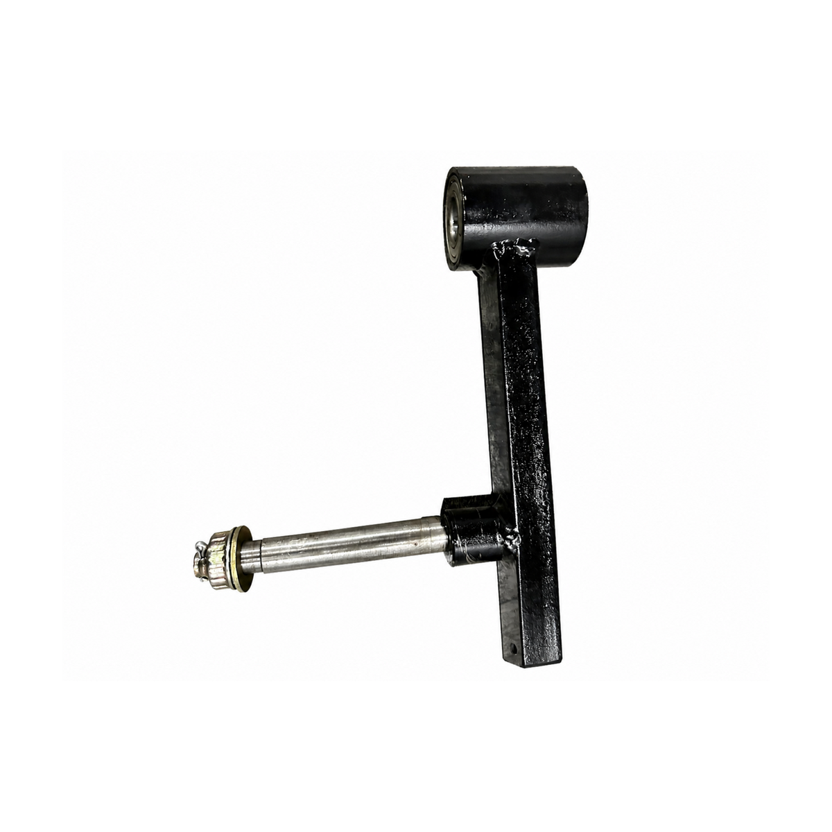 Heavy-duty black motorcycle sidecar swingarm with bearing and silver axle on a white background.