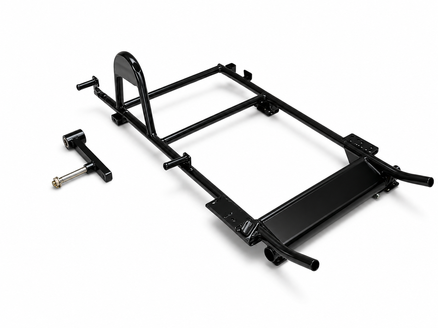 Heavy-duty black motorcycle sidecar chassis with separate swingarm and axle shown from an angled view on a white background.