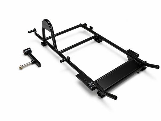 Heavy-duty black motorcycle sidecar chassis with separate swingarm and axle shown from an angled view on a white background.