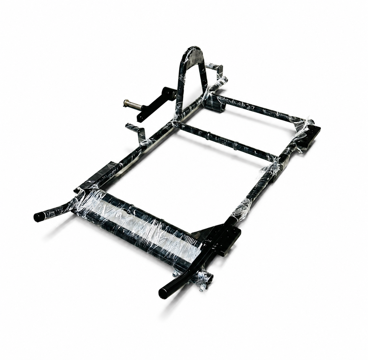 Heavy-duty black motorcycle sidecar chassis with protective wrapping, shown from a reverse angled view on a white background.