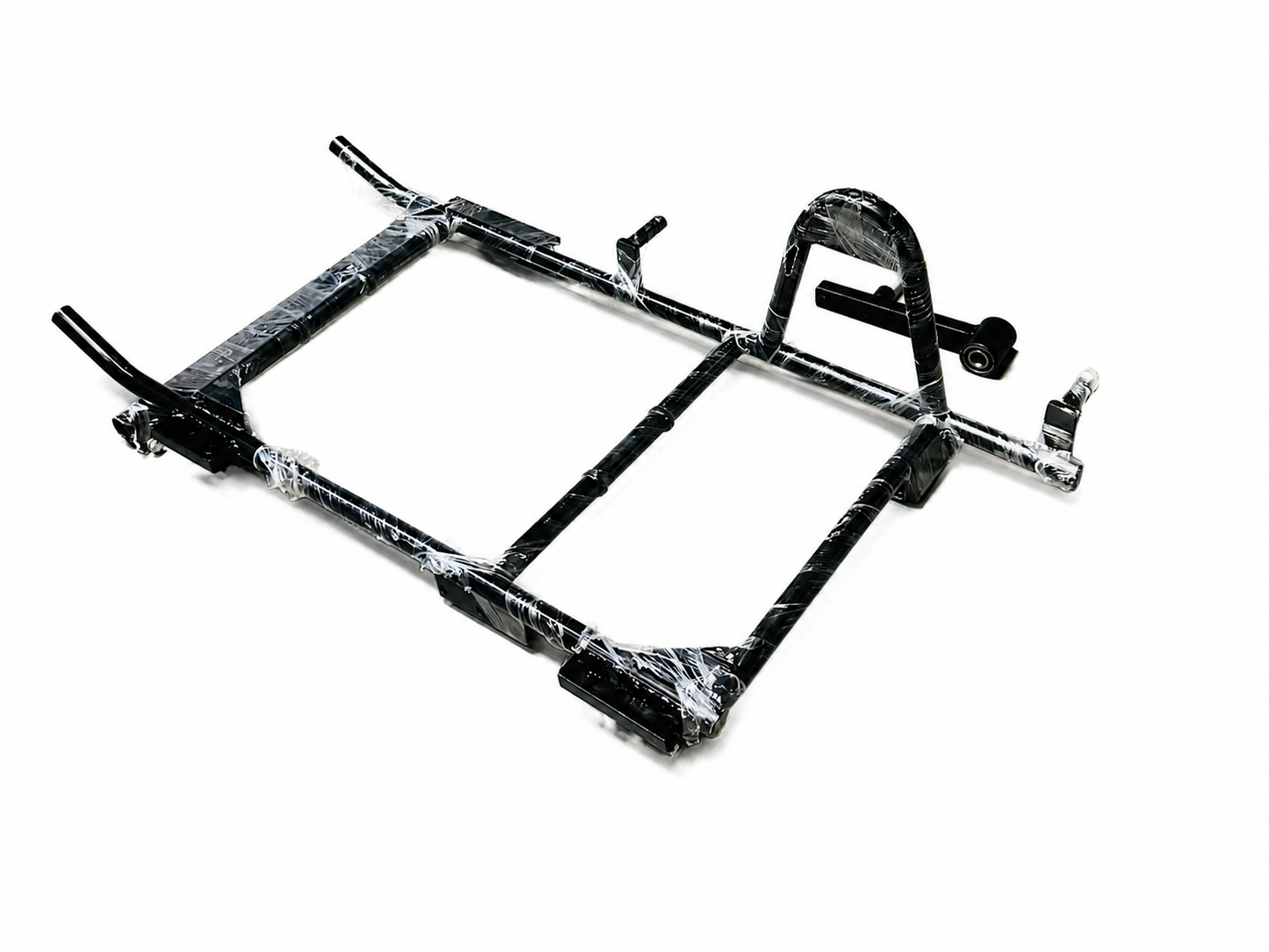 Heavy-duty black motorcycle sidecar chassis with its original protective wrapping on a white background.