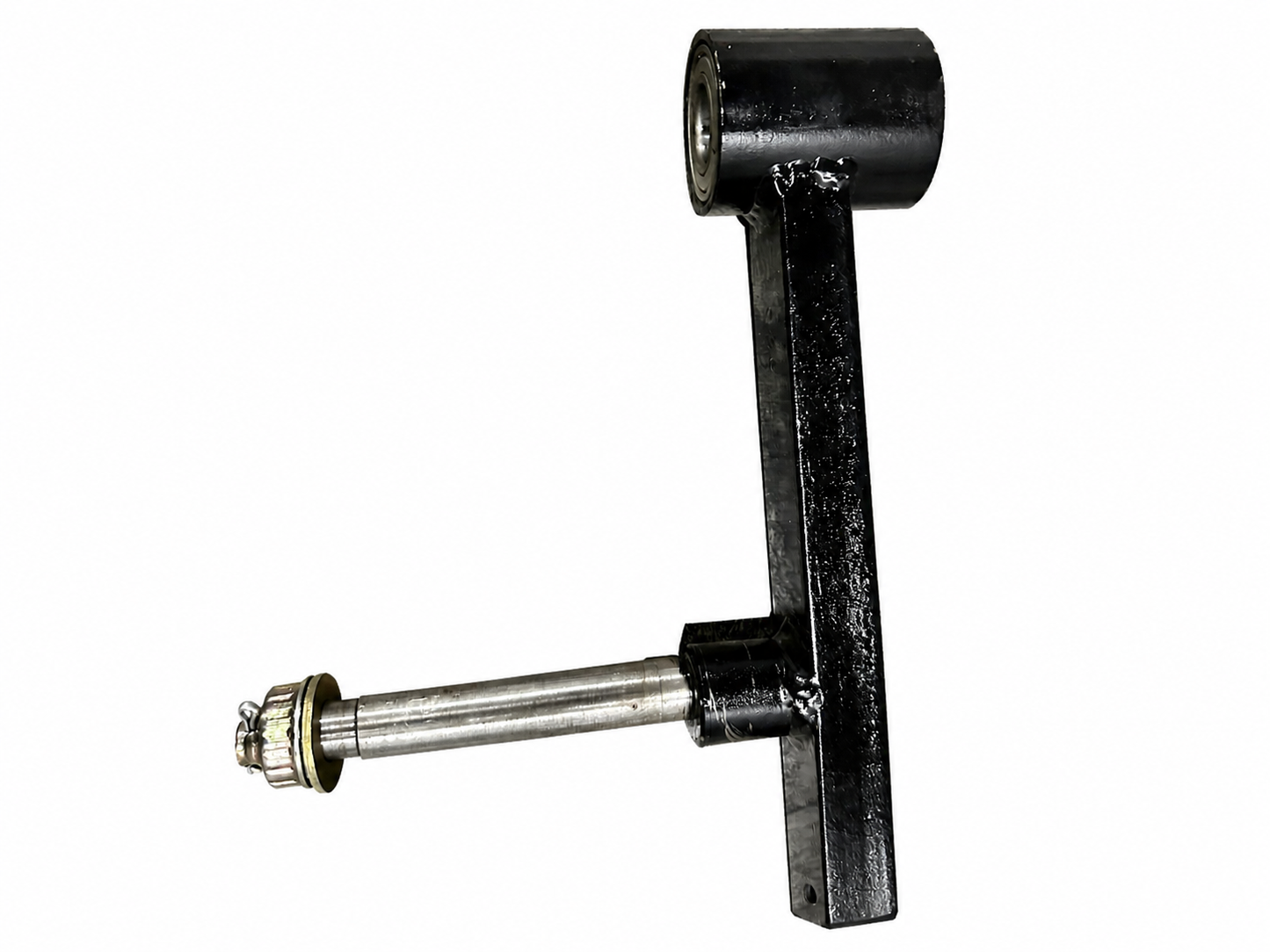 Heavy-duty black motorcycle sidecar swingarm with bearing and silver axle on a white background.