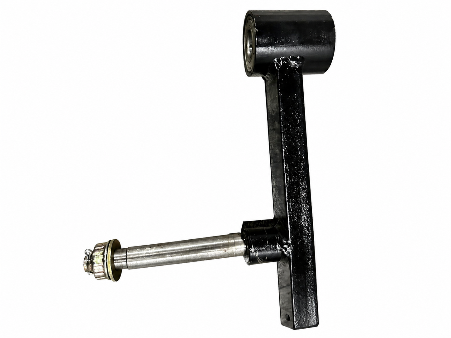 Heavy-duty black motorcycle sidecar swingarm with bearing and silver axle on a white background.