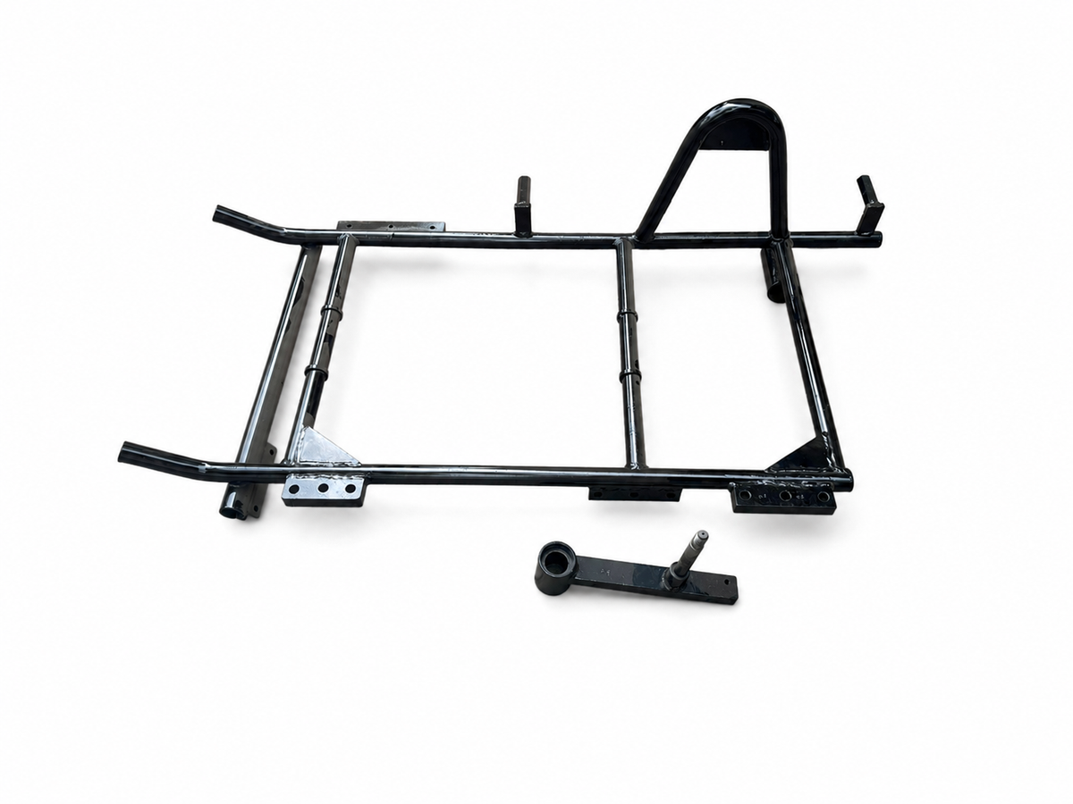 Heavy-duty black motorcycle sidecar chassis with separate swingarm and axle component on a white background.