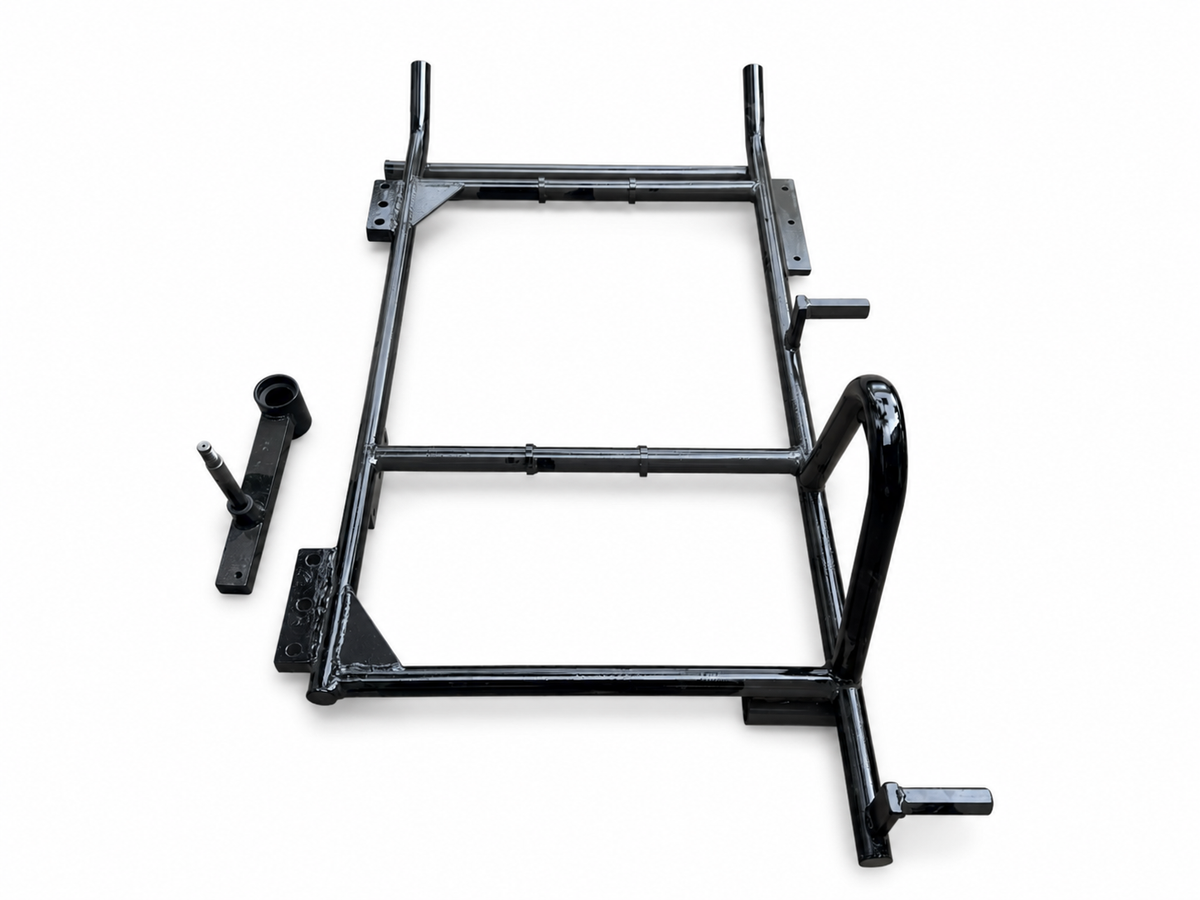 Heavy-duty black motorcycle sidecar chassis with separate swingarm and axle component, shown from an overhead angle on a white background.