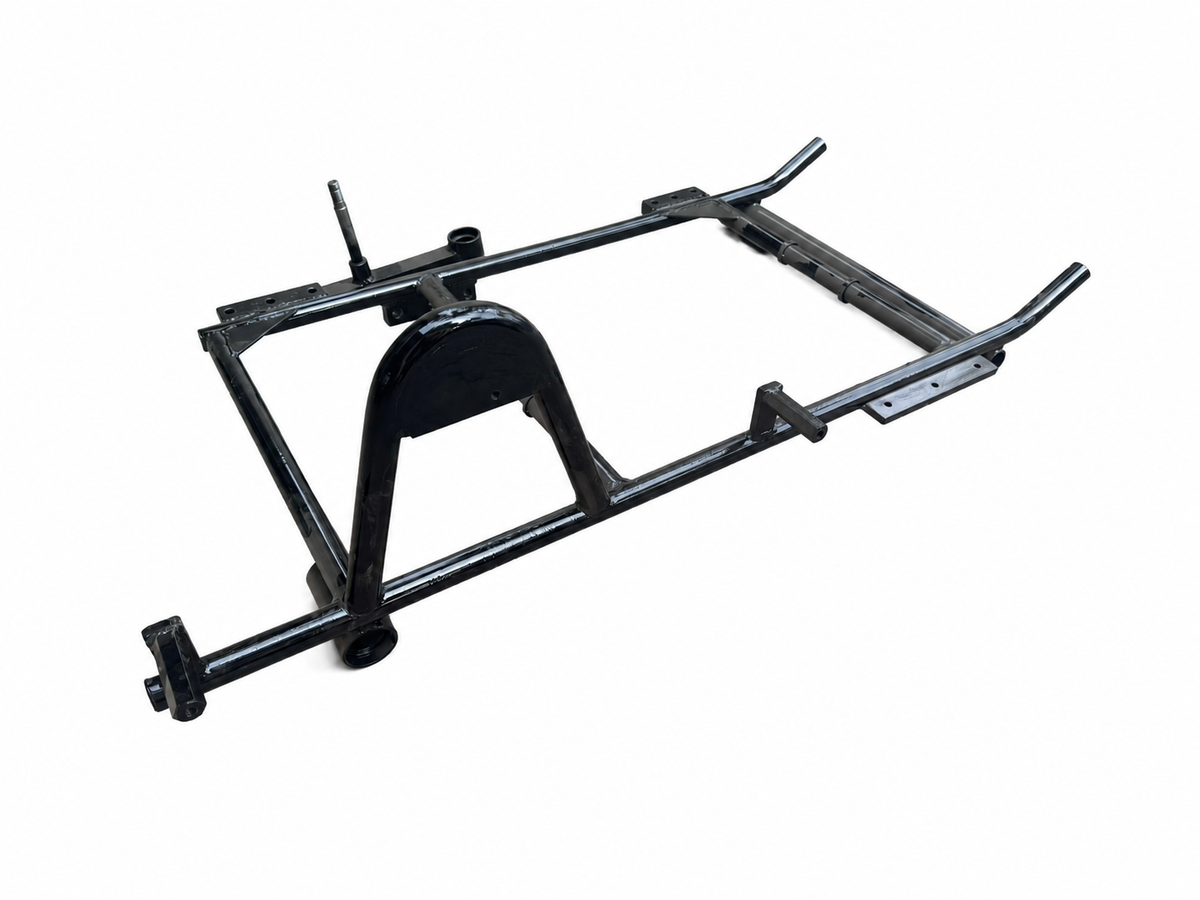 Heavy-duty black motorcycle sidecar chassis shown from an angled overhead view on a white background.
