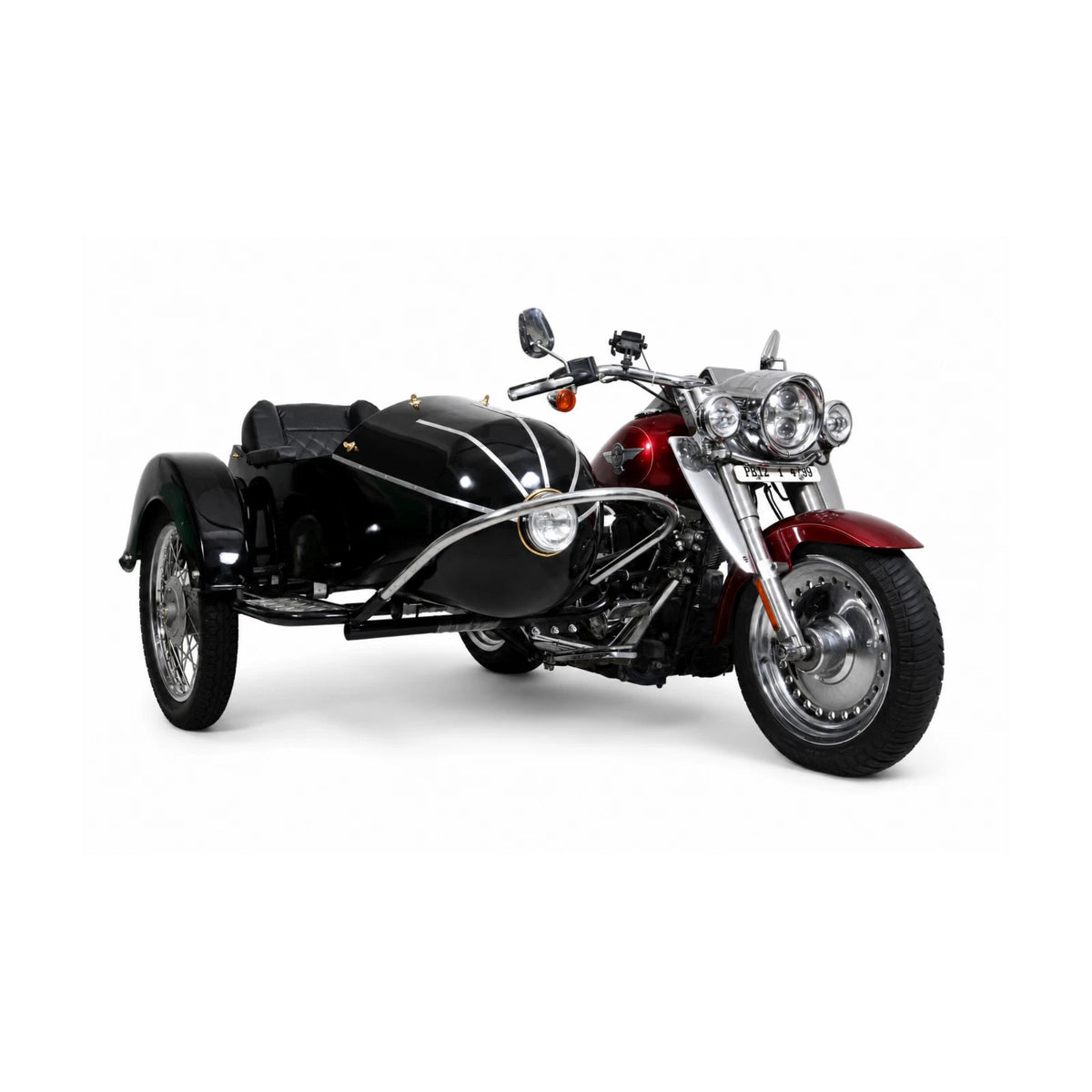 Chrome front bumper shown installed on a black touring motorcycle sidecar for illustration