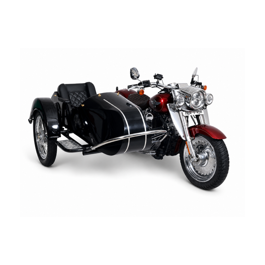 A black and red side-by-side motorcycle with a black sidecar, photographed on a clean white studio background.