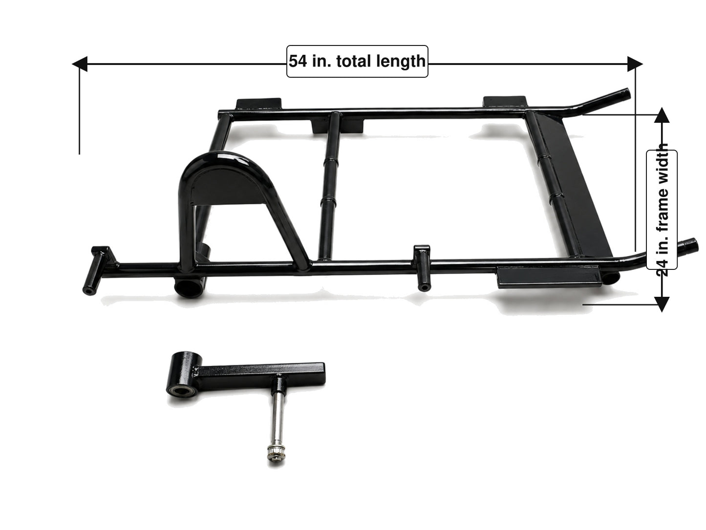 Heavy-duty motorcycle sidecar chassis showing a 54-inch total length and 24-inch rectangular frame width.