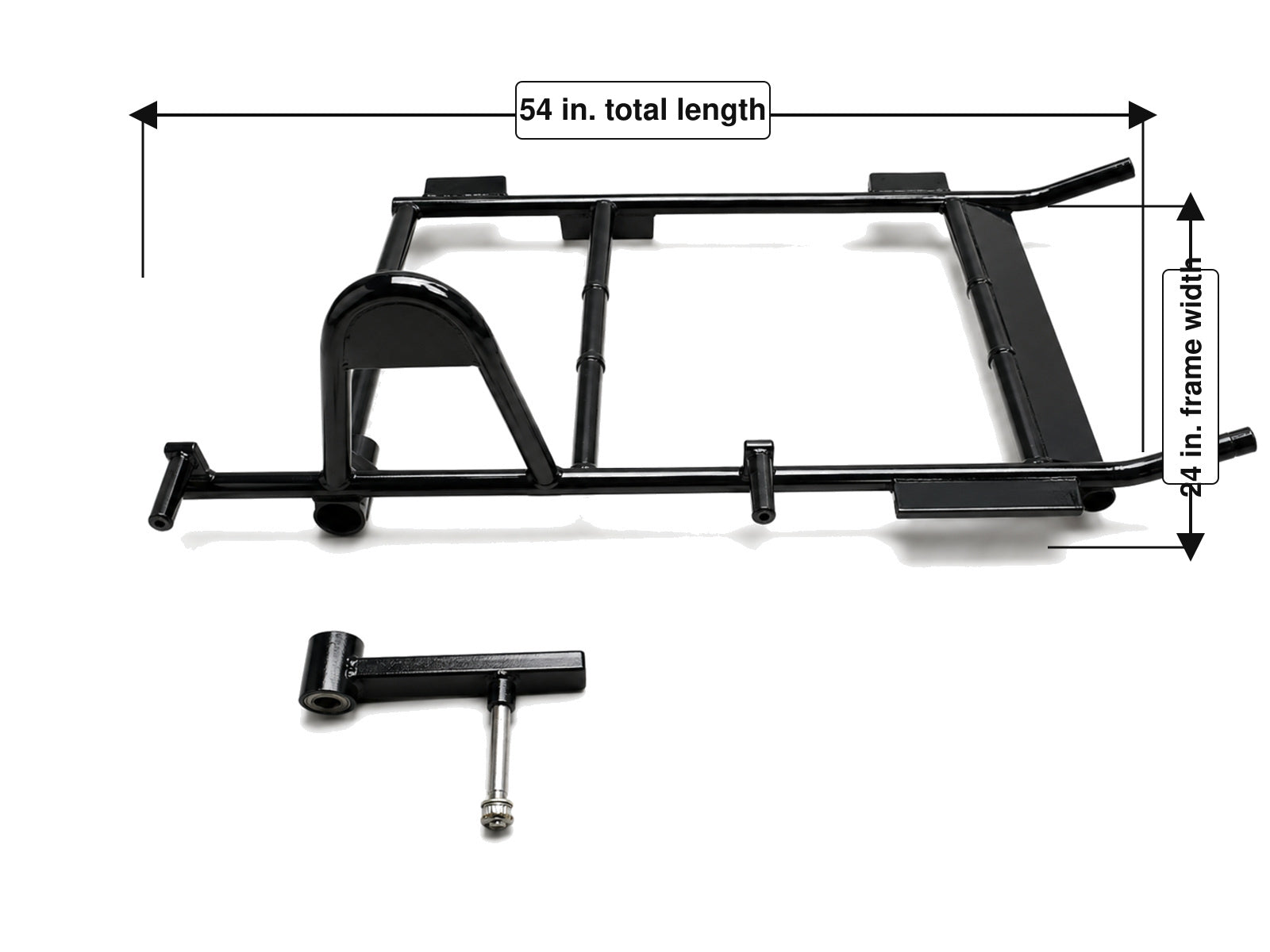 Heavy-duty motorcycle sidecar chassis showing a 54-inch total length and 24-inch rectangular frame width.