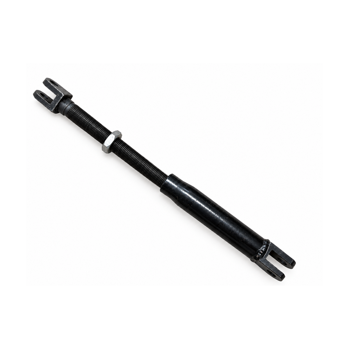 Extended black motorcycle sidecar Medium Strut with threaded adjustment and forked clevis connections.