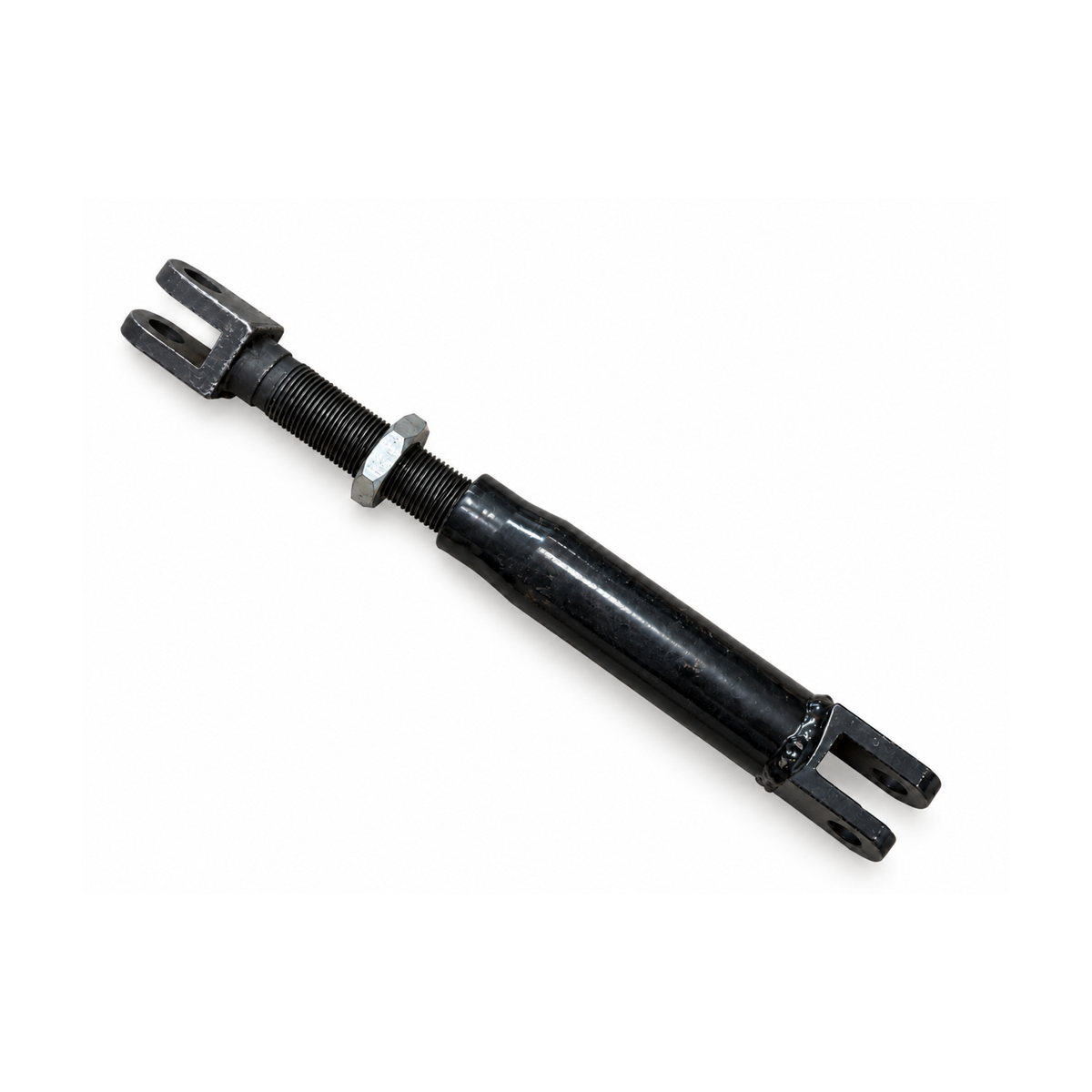 Black adjustable motorcycle sidecar Medium Strut with threaded shaft, silver locking nut, and clevis ends.